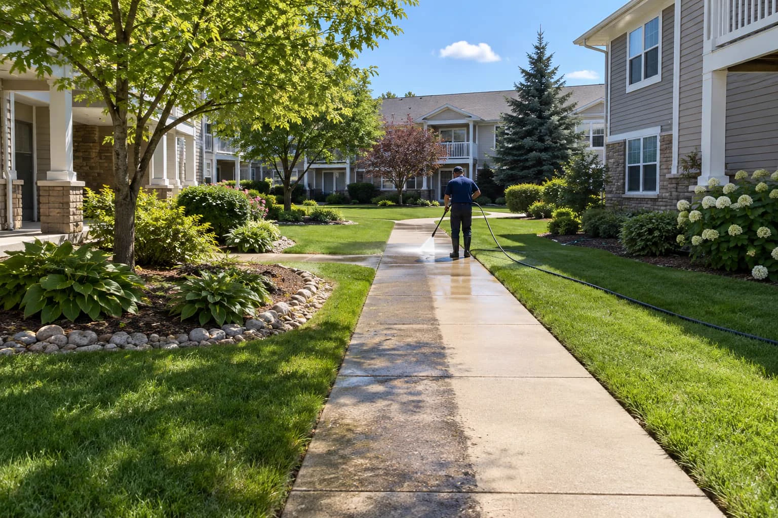 Pressure washing a walkway at an apartment community