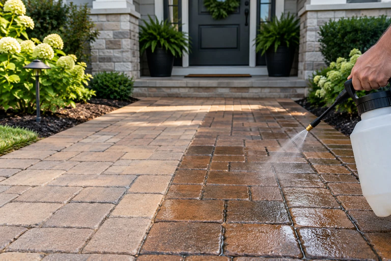 Sealer being applied to clean pavers to protect them from stains and winter weather