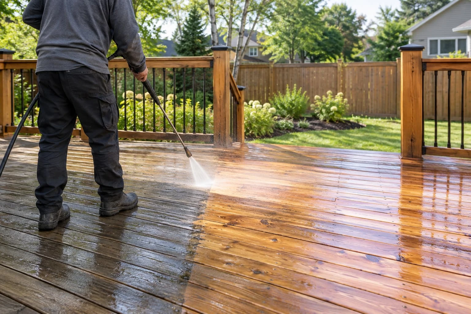 Weathered wooden deck boards being carefully cleaned