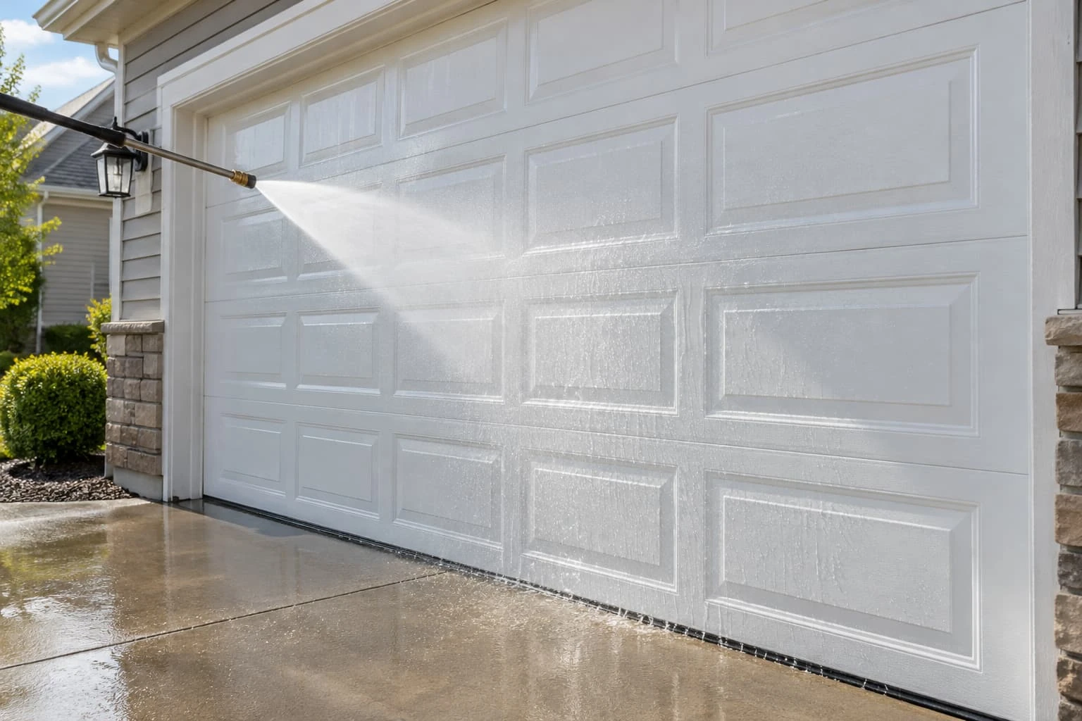 Pressure washing a white garage door