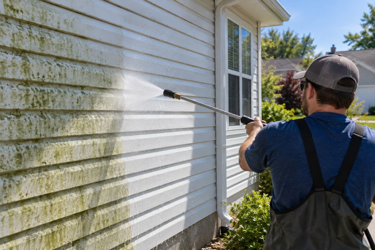 Pressure washing mildew off white vinyl siding