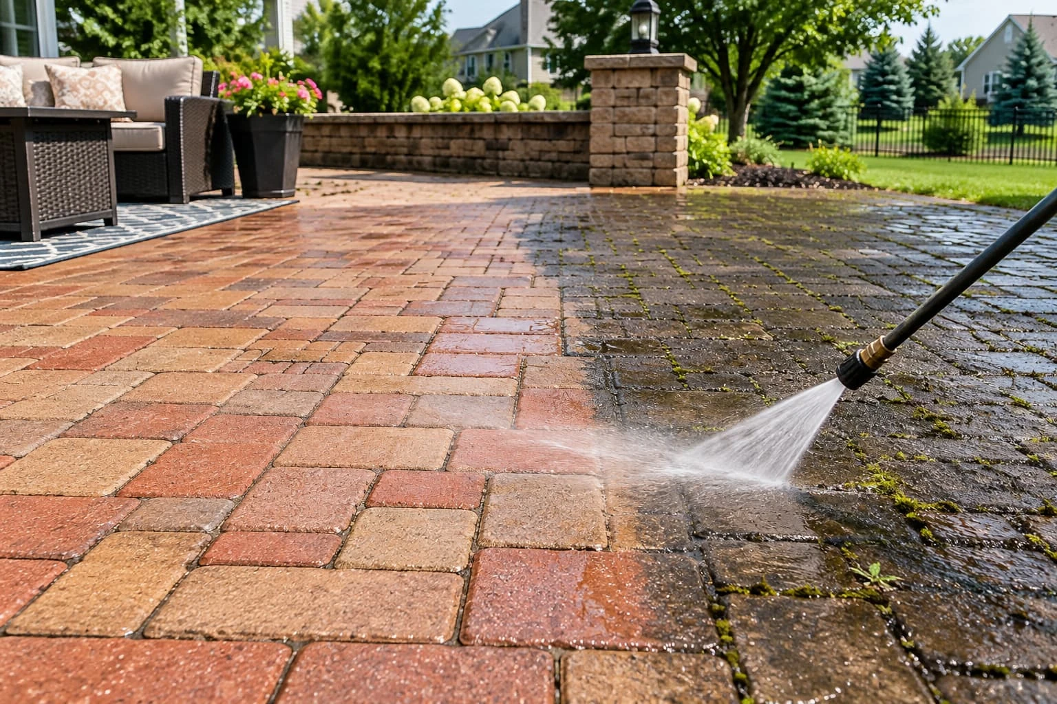 Backyard paver patio being pressure washed to restore its color